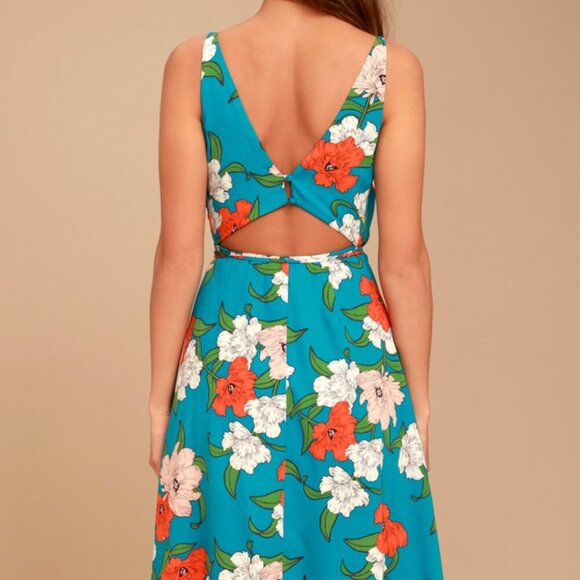 Lulus Country Club Teal Blue Floral Print Wrap Midi Dress Size S NWT - Picture 6 of 15